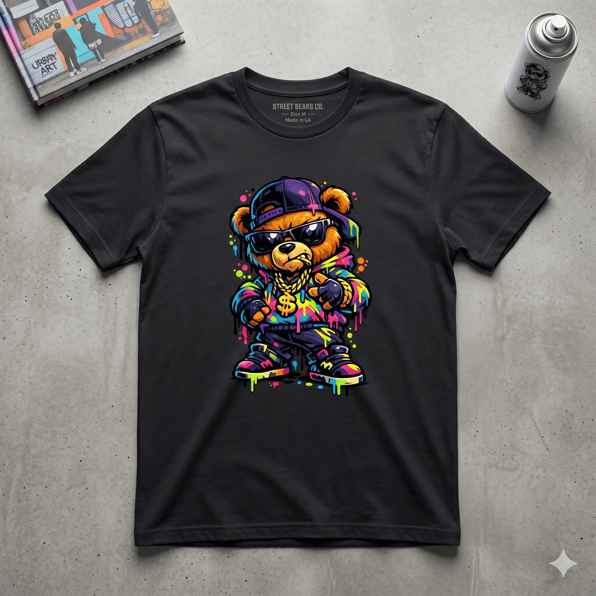 AI-generated shirt design: Hip-hop teddy bear, streetwear, graffiti style, bold and vibrant.